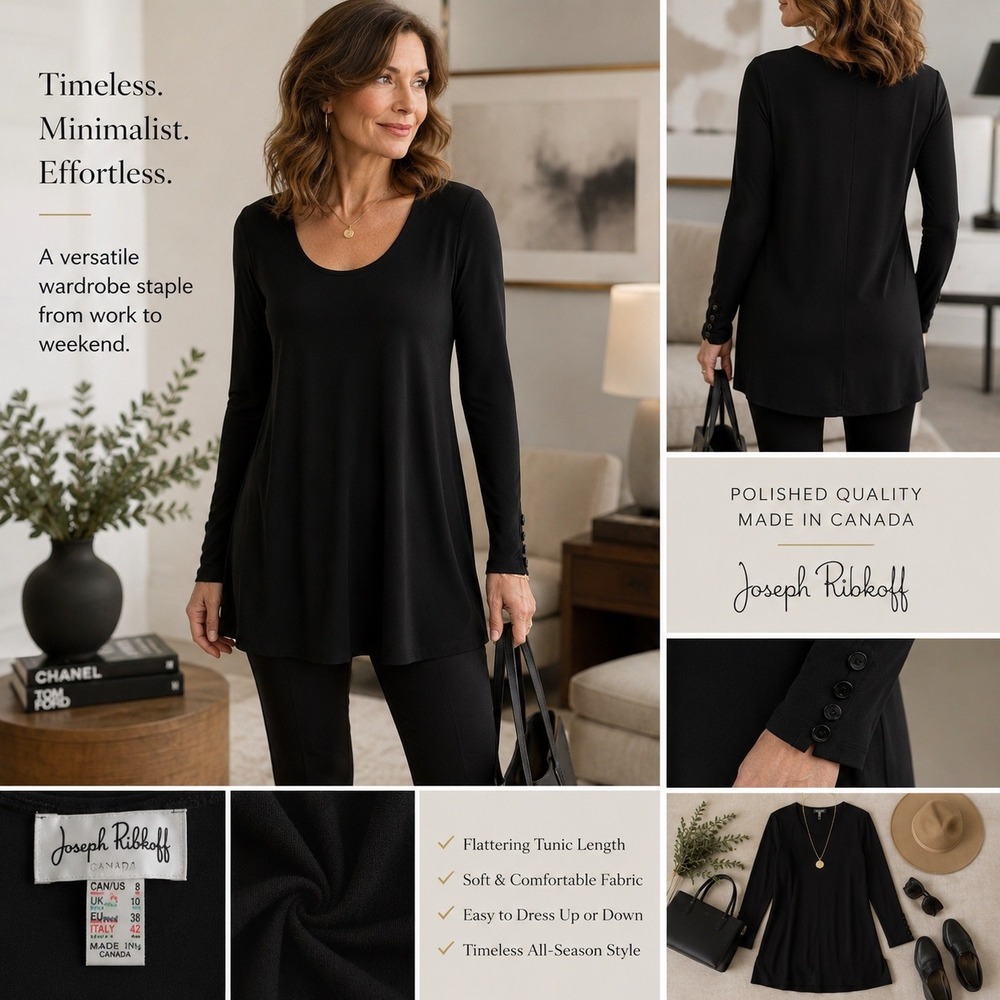 Joseph‎ Ribkoff Black Tunic Long Sleeve Top Women's 8 Quiet Luxury Minimalist